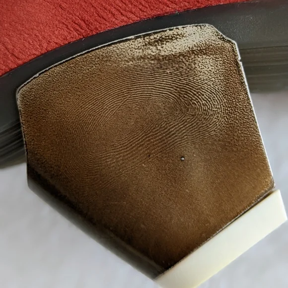 FLY London Suede Peep Toe Beveled Metallic Heel Burnt Orange EU40 9-9.5 NWOB - Picture 12 of 16